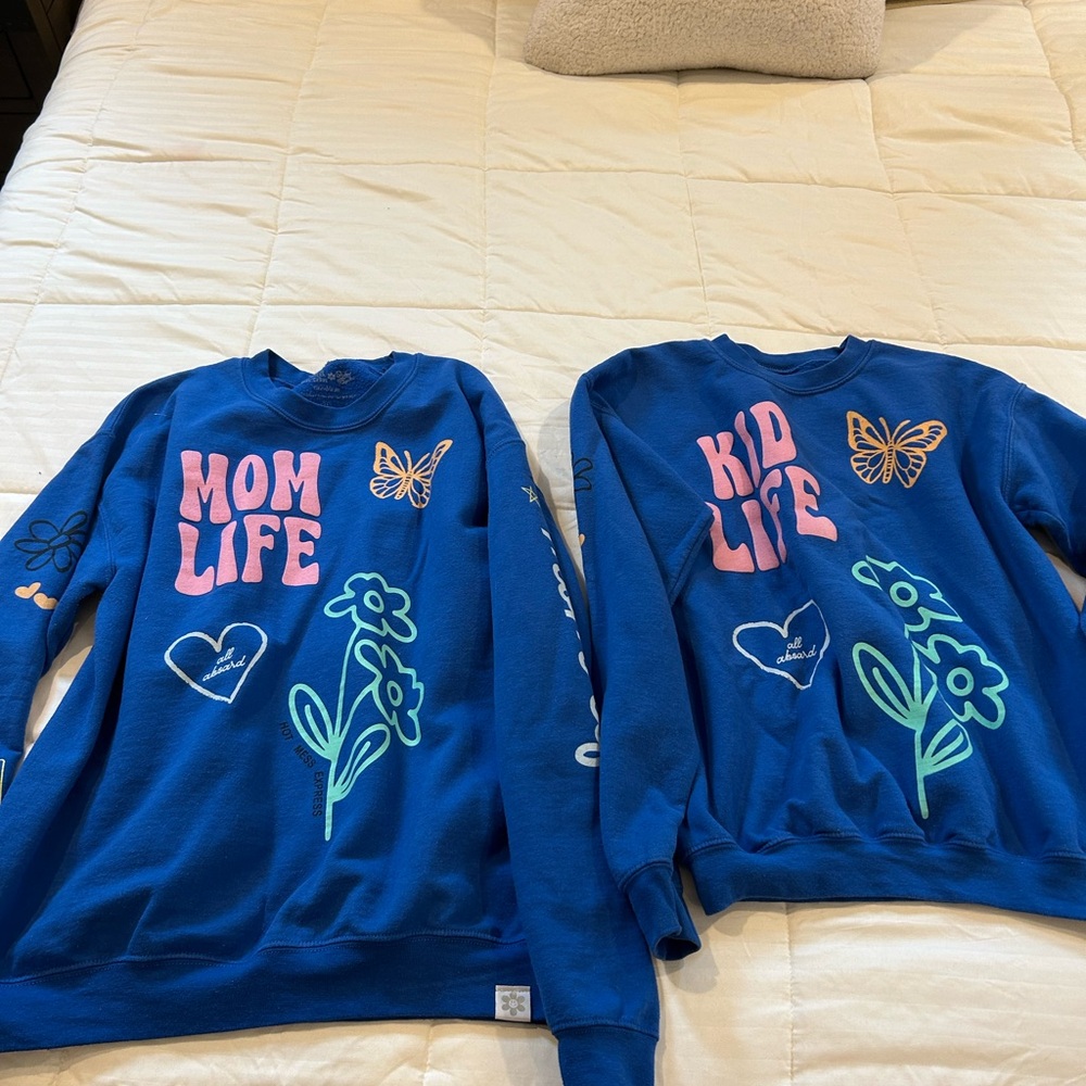 Blue and Pink Graphic Sweatshirt with Butterfly and Heart Designs